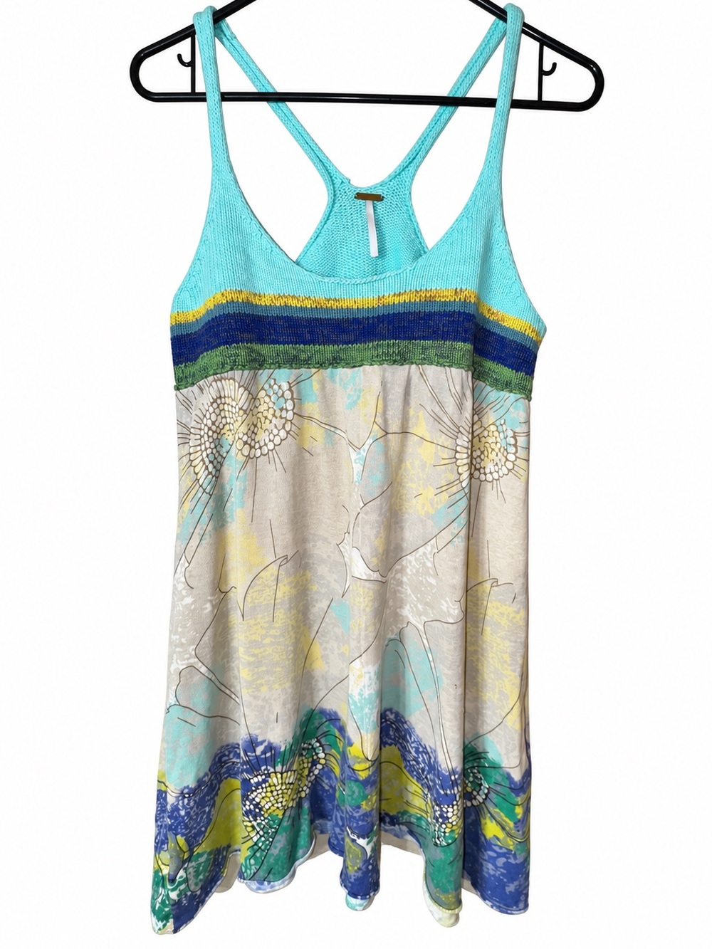 Free People Aqua Floral Racerback Knit Bodice Swing Dress Boho Size Small Est